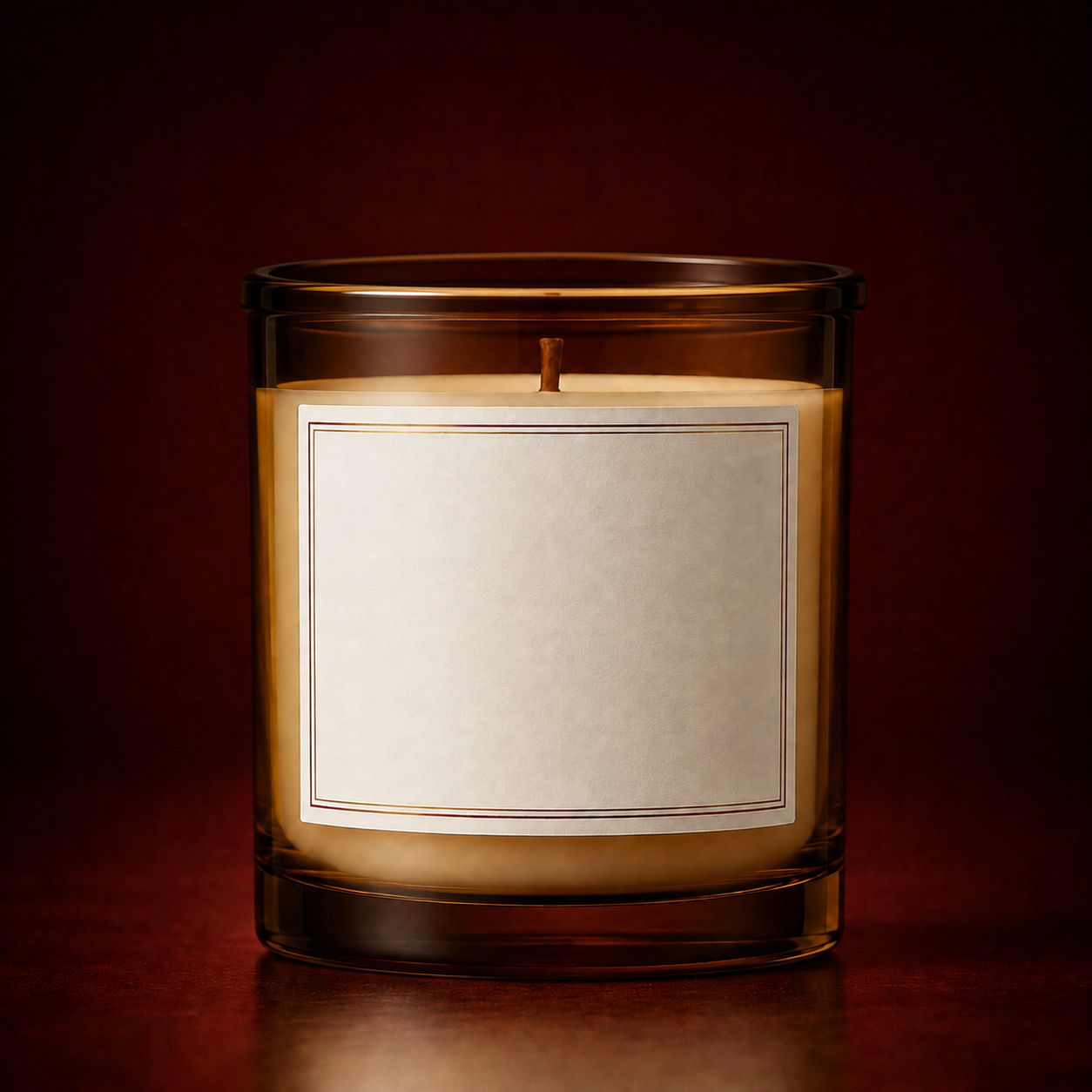 Lit Red Ground Hair Golden Bloom candle in an open amber glass jar