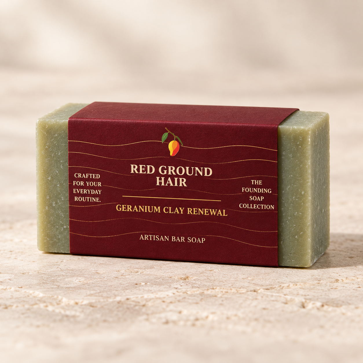 Geranium Clay Renewal artisan bar soap in its Imperial Maroon Red Ground Hair sleeve